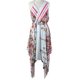 NSR Floral Handkerchief Hem Wrap Dress Boho Midi Tie Waist Made USA